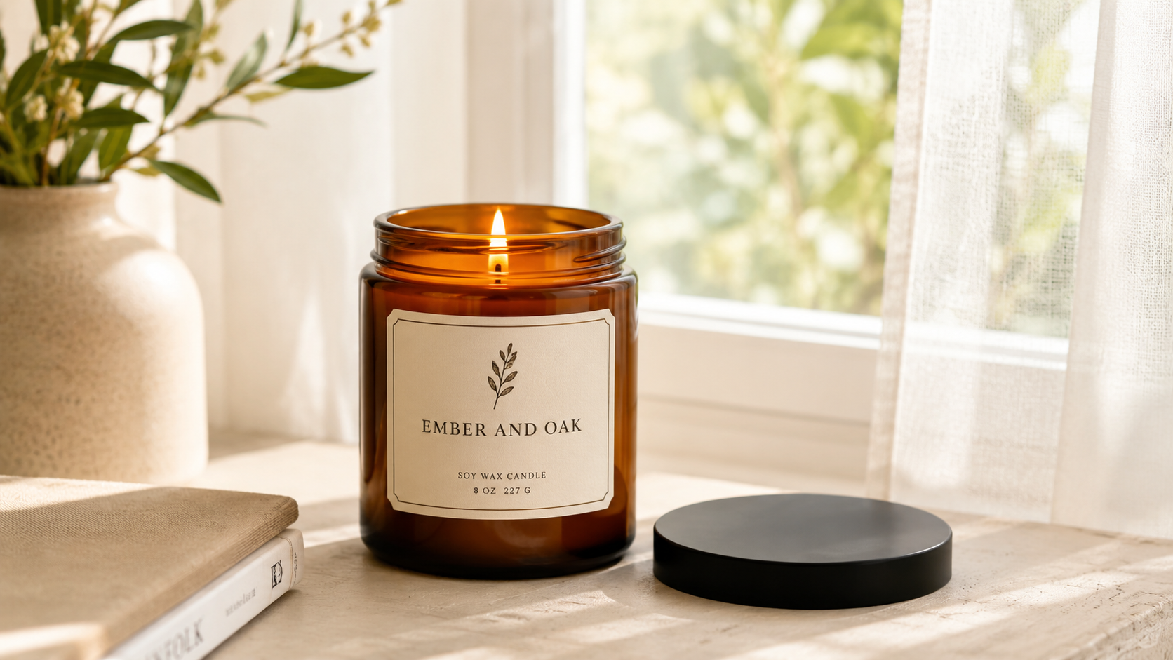 Ember & Oak candle by the window