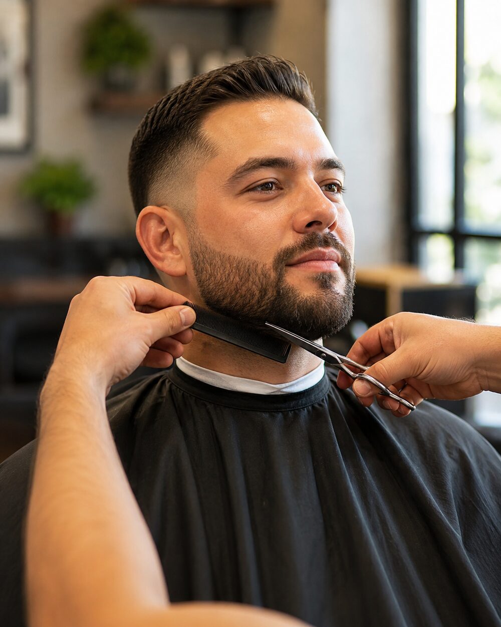A full beard being shaped with scissors at the chair