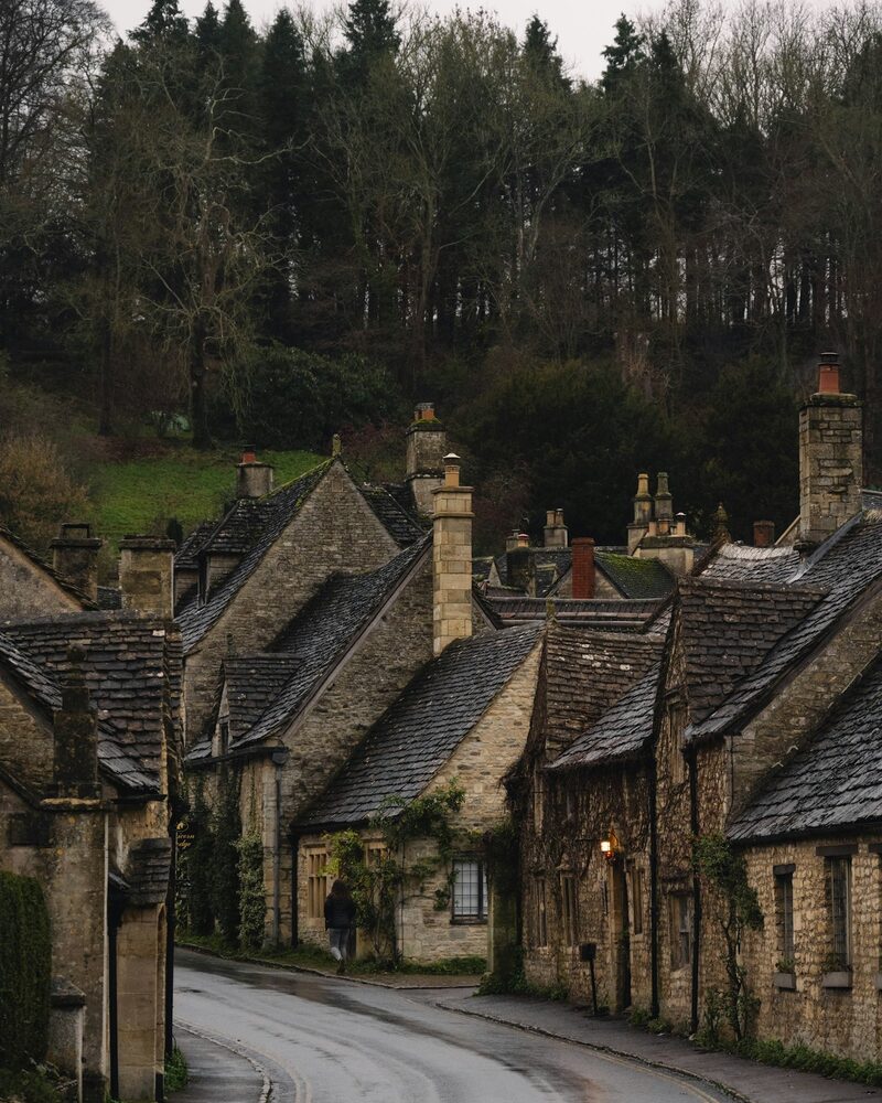Row of stone cottages on a village lane